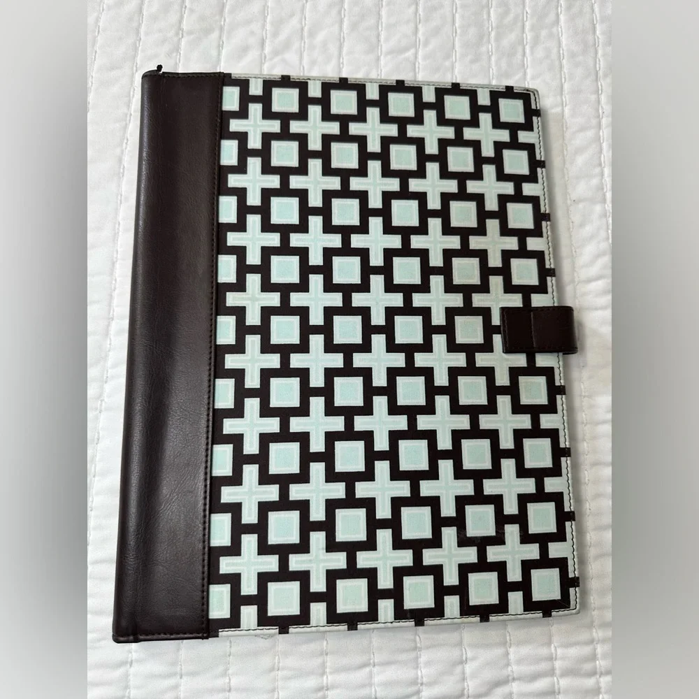 Modern Cross Pattern Leather Padfolio with Brown And Blue Trim